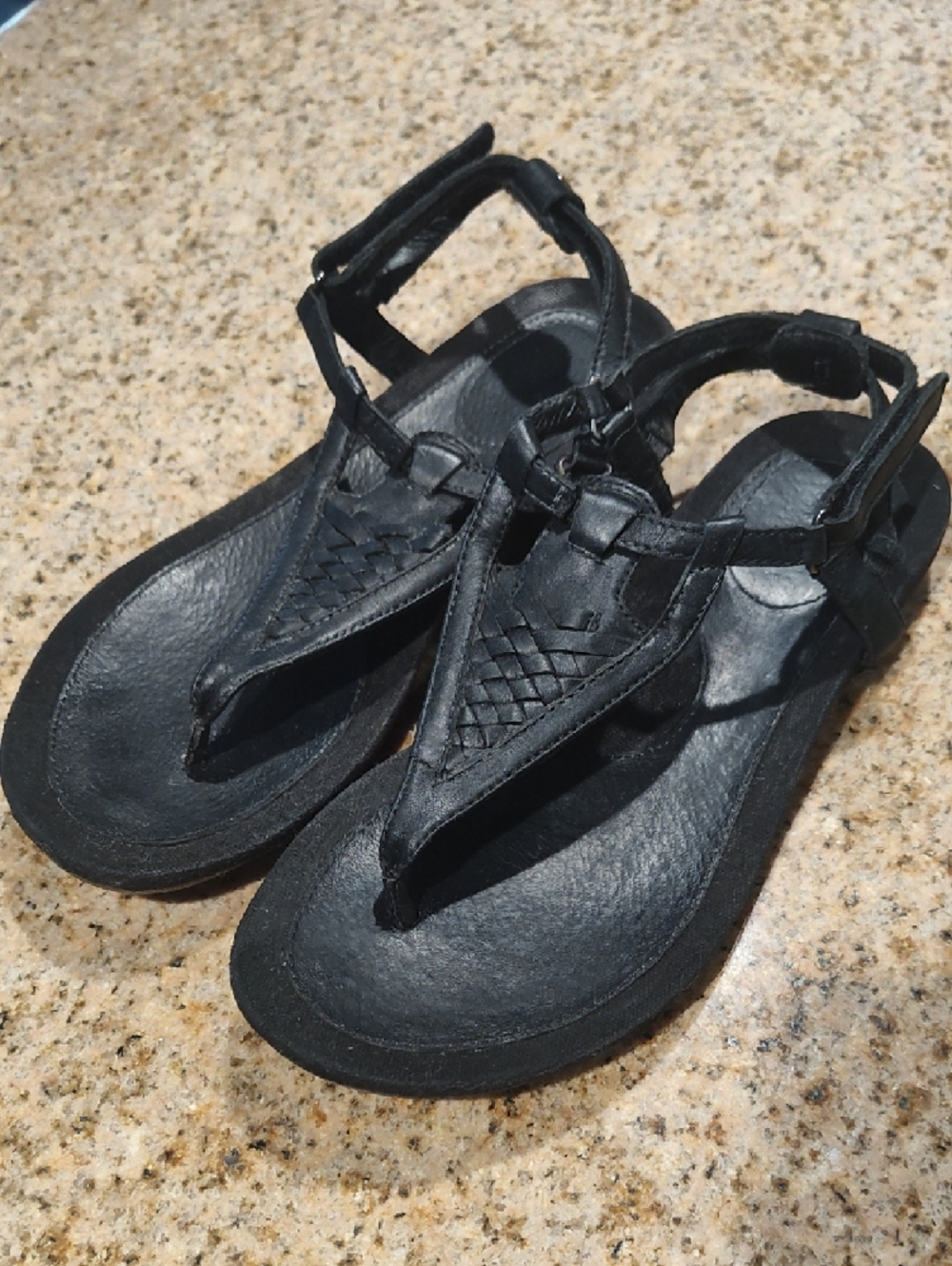 Teva Black Braided Leather T-Strap Sandals With Silver Hardware